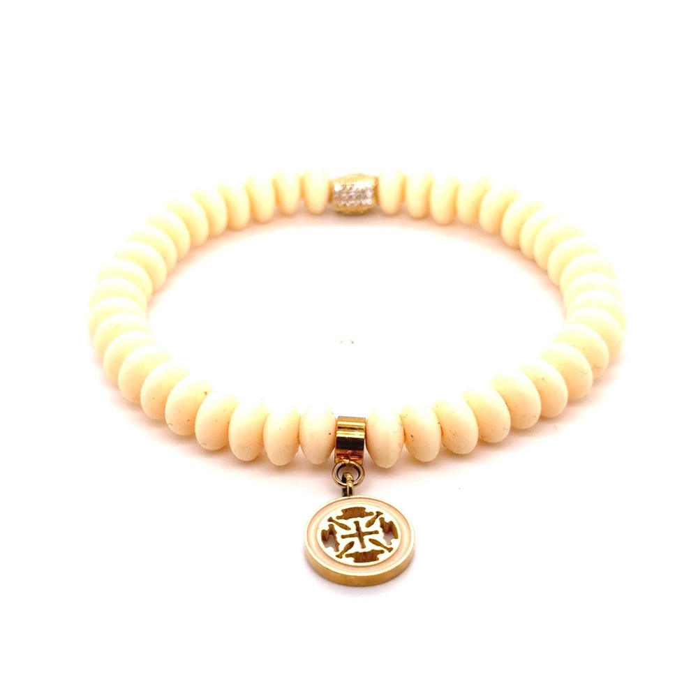 Rustic Cuff Cream Beaded Stretch Bracelet Gold Tone Cross Logo Charm Rhinestone